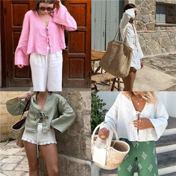 🌿 Women’s Lace-Up V-Neck Linen Shirt – Long Flare Sleeve Tie Front Crop Top - Picture 7 of 7